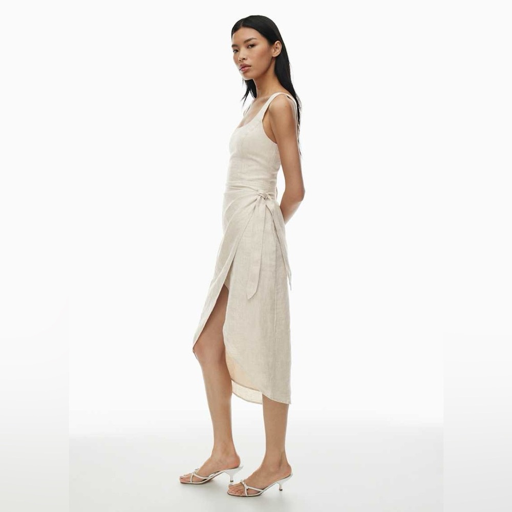 Aritzia Wilfred New Saturn Natural Linen Wrap Midi Dress Size 10 - Picture 3 of 16